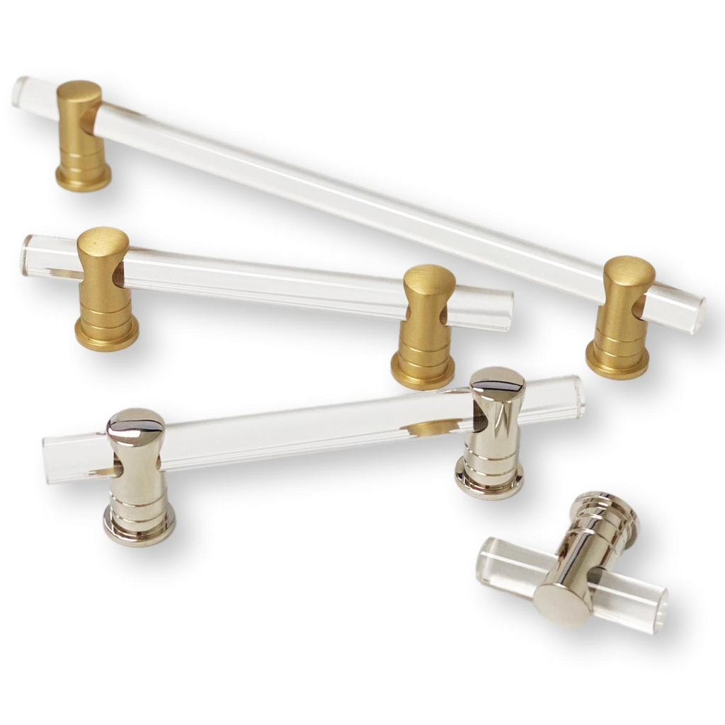 solid brass and lucite acrylic knobs and pulls cabinet hardware