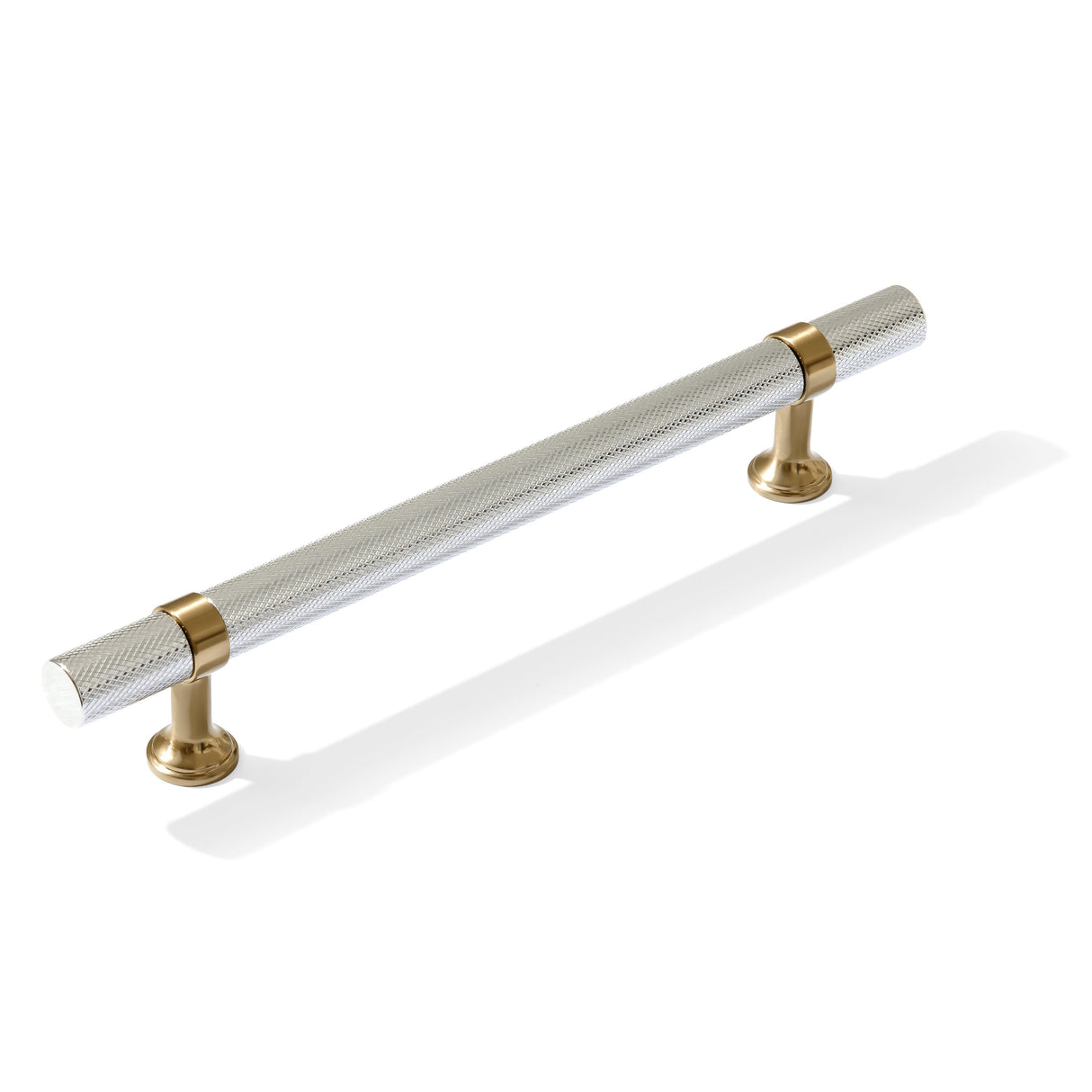 Knurled T-Bar "Contemporary" Champagne Bronze and Polished Chrome Knobs and Pulls