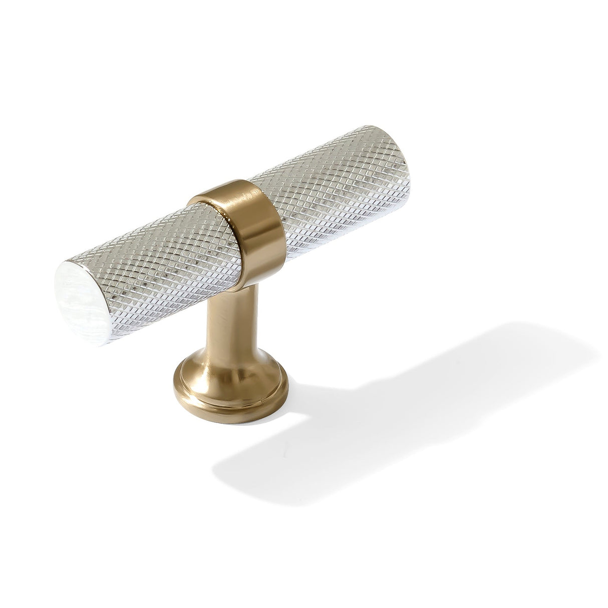 Knurled T-Bar "Contemporary" Champagne Bronze and Polished Chrome Knobs and Pulls
