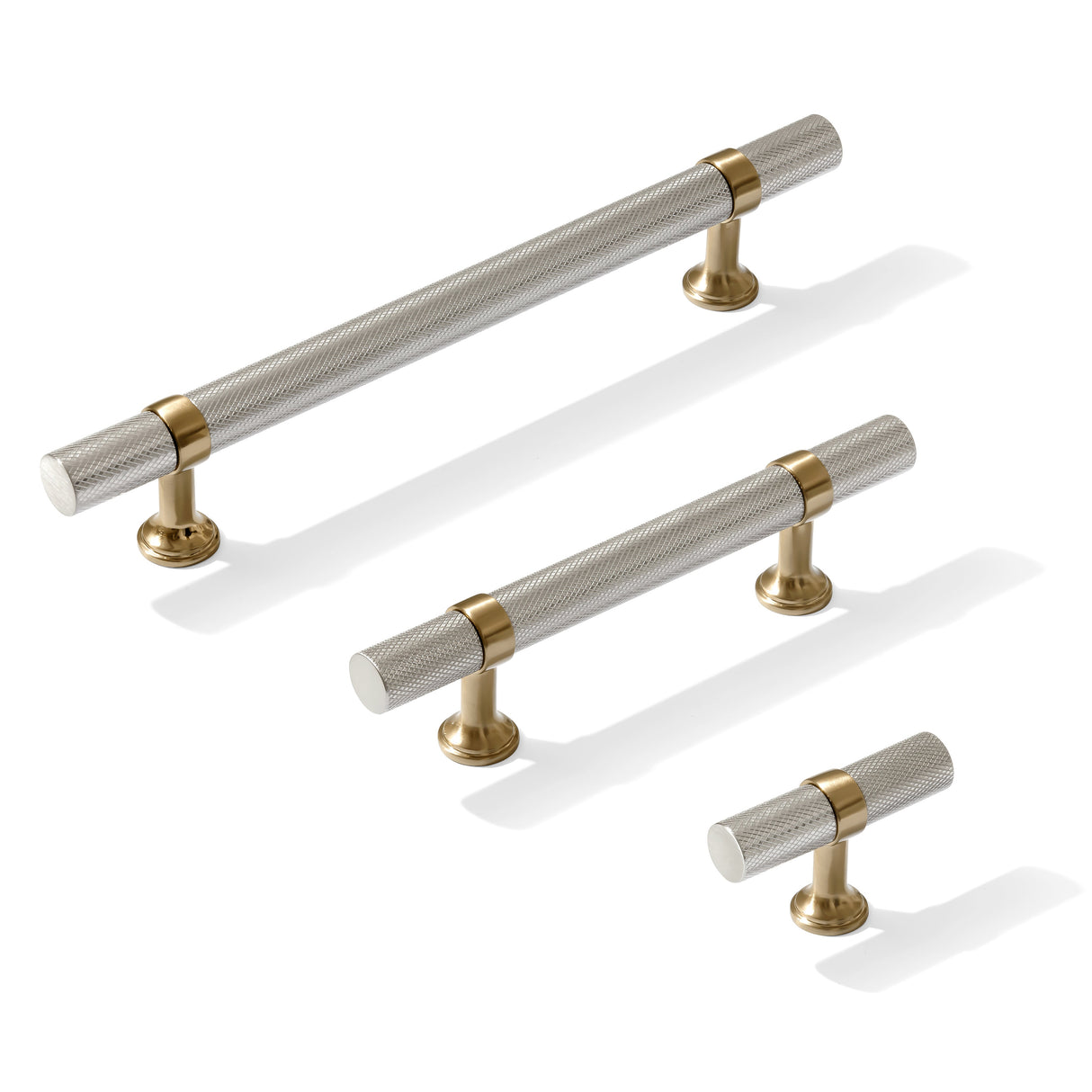 Knurled T-Bar "Contemporary" Champagne Bronze and Satin Nickel Knobs and Pulls