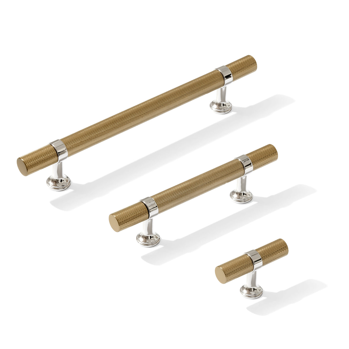 Knurled T-Bar "Contemporary" Polished Nickel and Champagne Bronze Knobs and Pulls