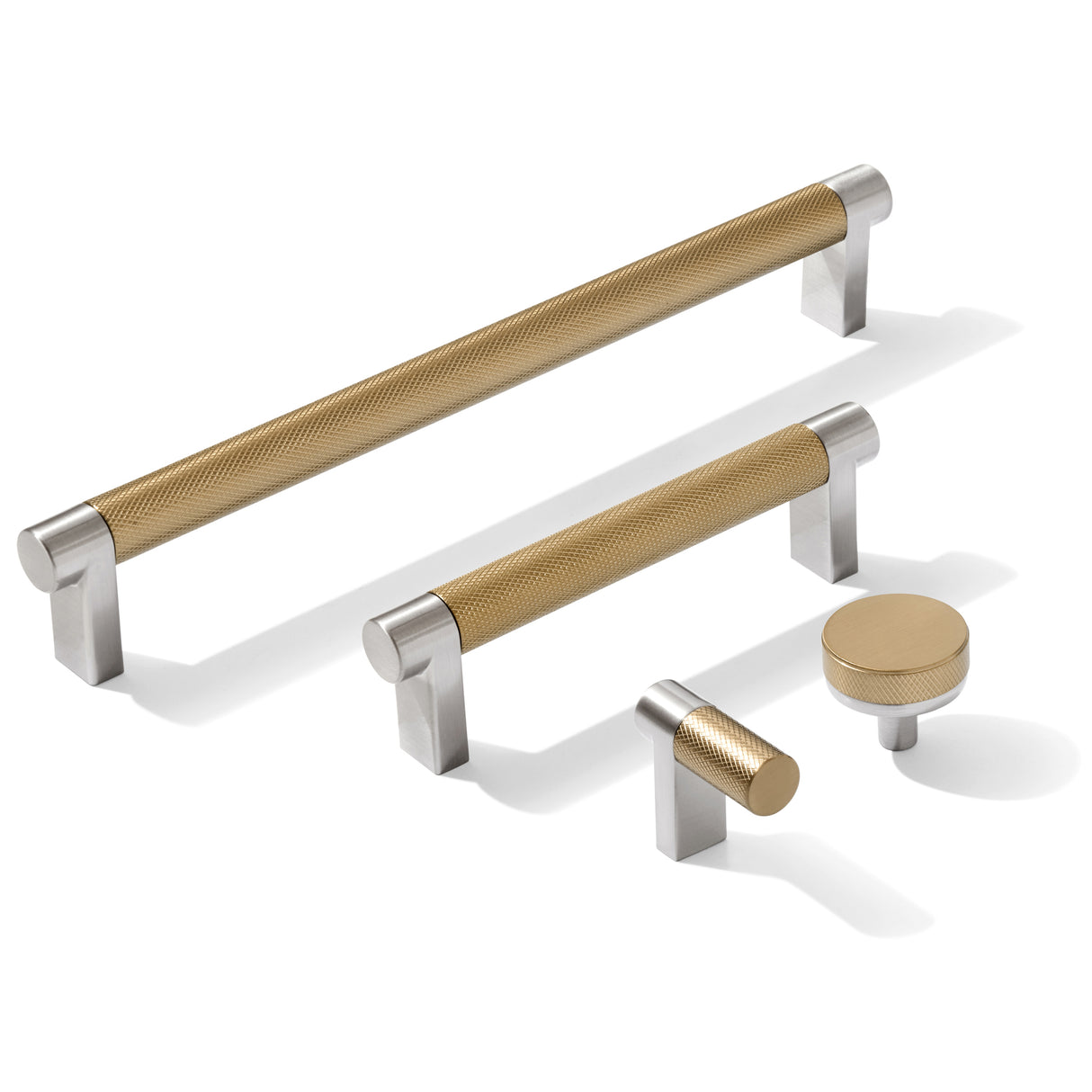 Knurled Brushed Nickel and Champagne Bronze Knobs and Pulls
