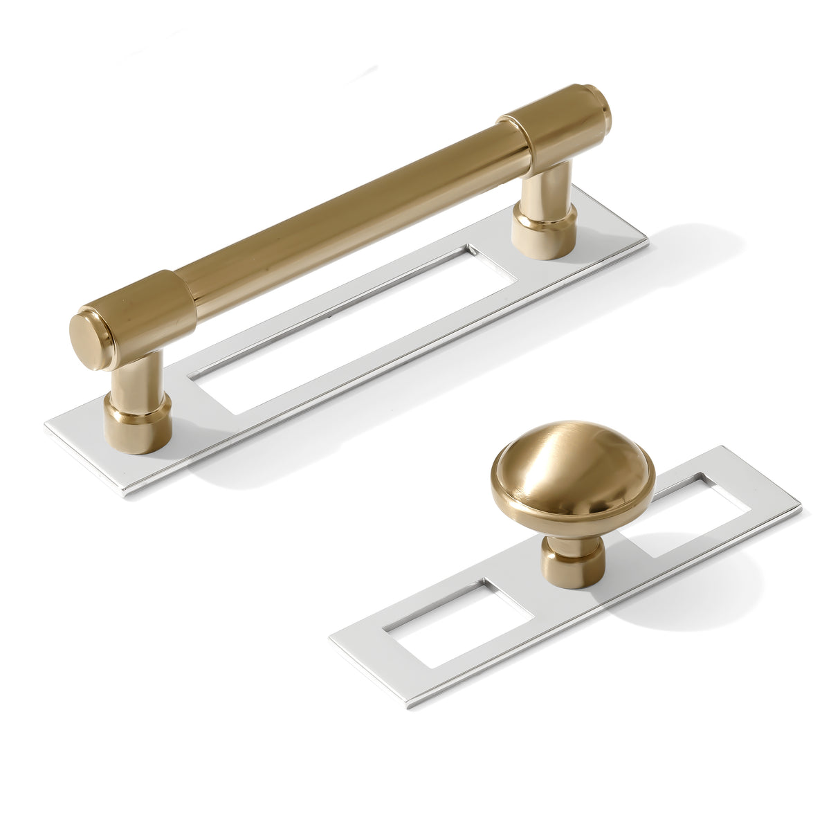 Champagne Bronze and Polished Nickel Industrial Pulls and Knob with Backplate