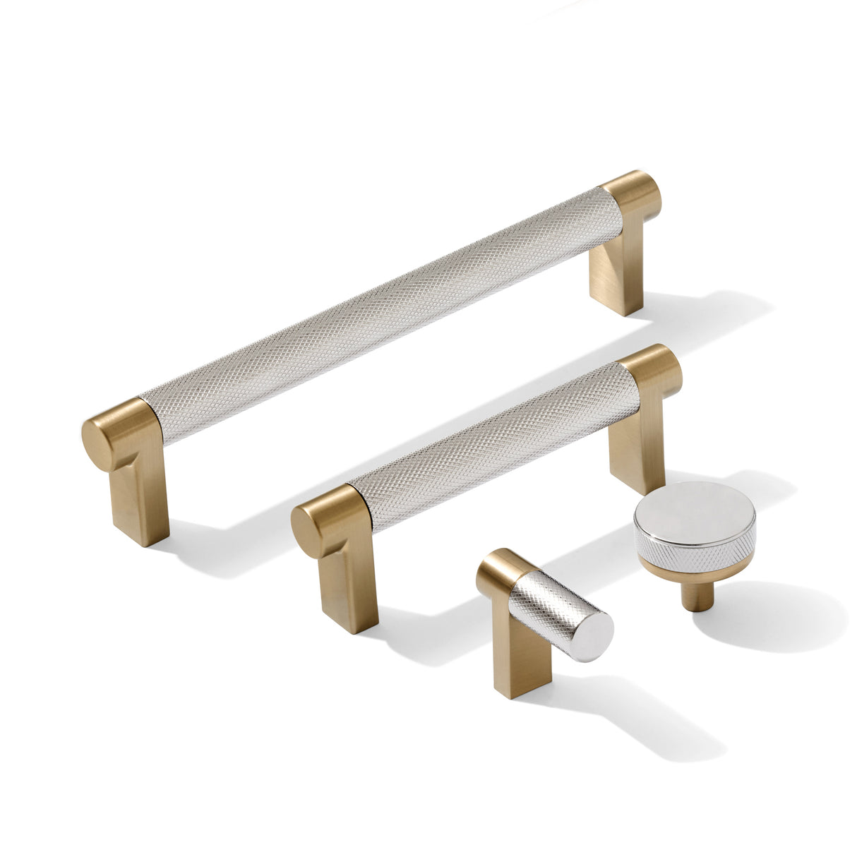 Knurled Champagne Bronze and Polished Chrome Knobs and Pulls