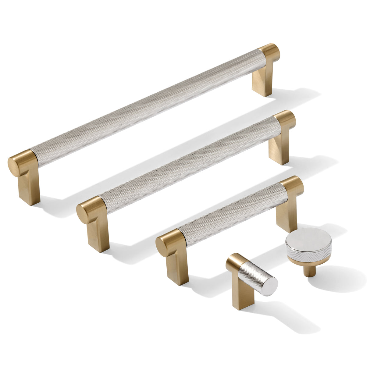 Knurled Champagne Bronze and Polished Chrome Knobs and Pulls