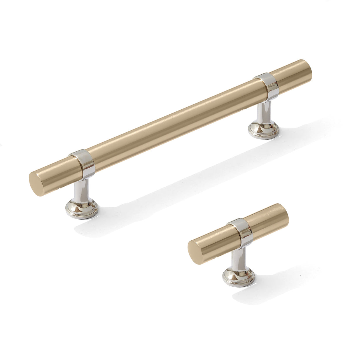 Smooth T-Bar "Contemporary" Polished Nickel and Champagne Bronze Knobs and Pulls