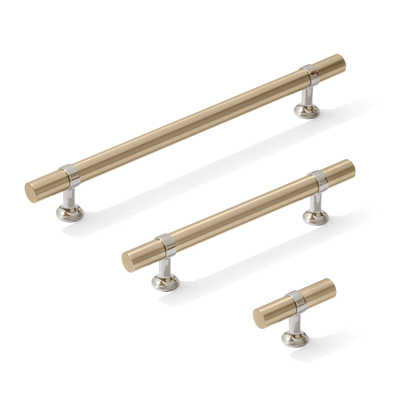 Smooth T-Bar "Contemporary" Polished Nickel and Champagne Bronze Knobs and Pulls
