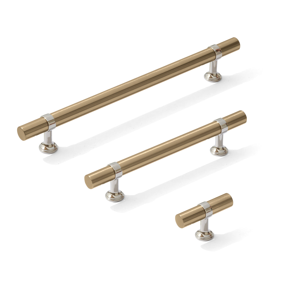 Smooth T-Bar "Contemporary" Polished Nickel and Champagne Bronze Knobs and Pulls