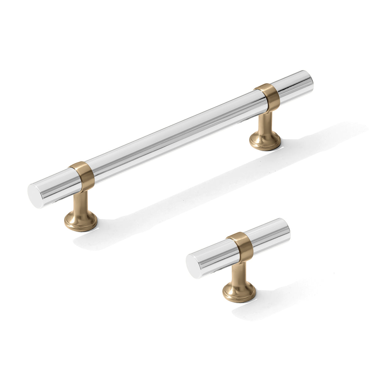 Smooth T-Bar "Contemporary" Champagne Bronze and Polished Chrome Knobs and Pulls