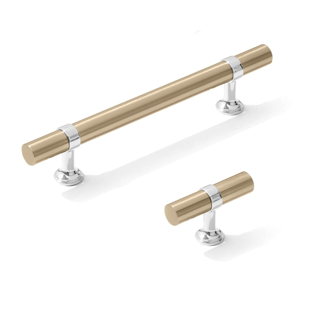 Gold and silver cabinet handles on a white background
