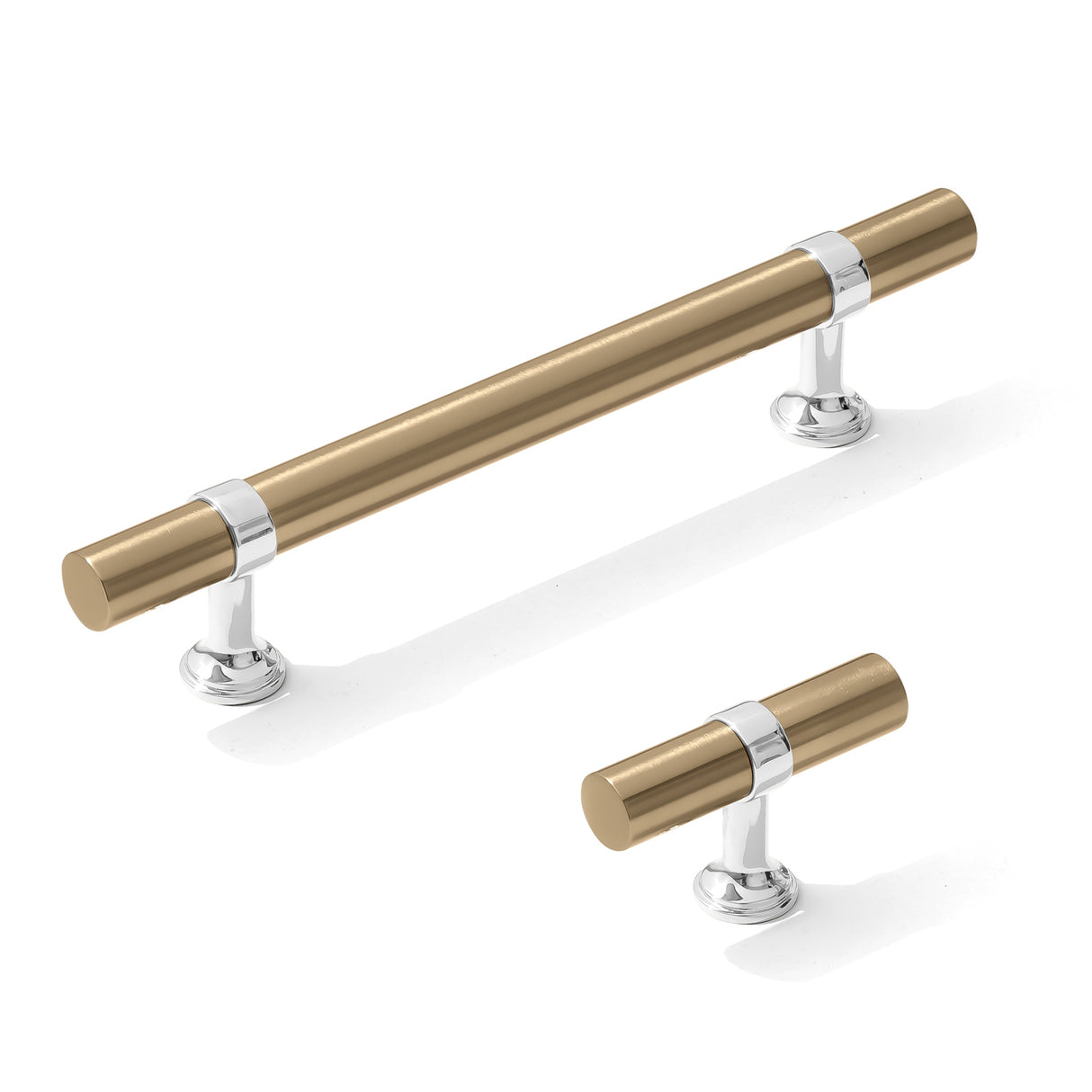Smooth T-Bar "Contemporary" Polished Chrome and Champagne Bronze Knobs and Pulls