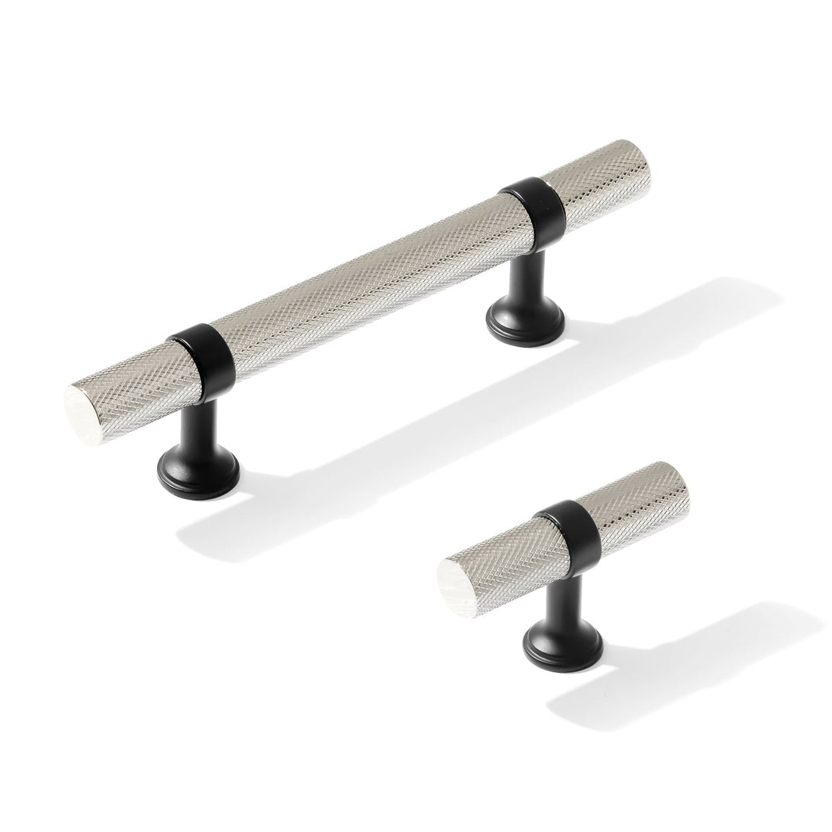 Knurled T-Bar "Contemporary" Matte Black and Polished Nickel Knobs and Pulls
