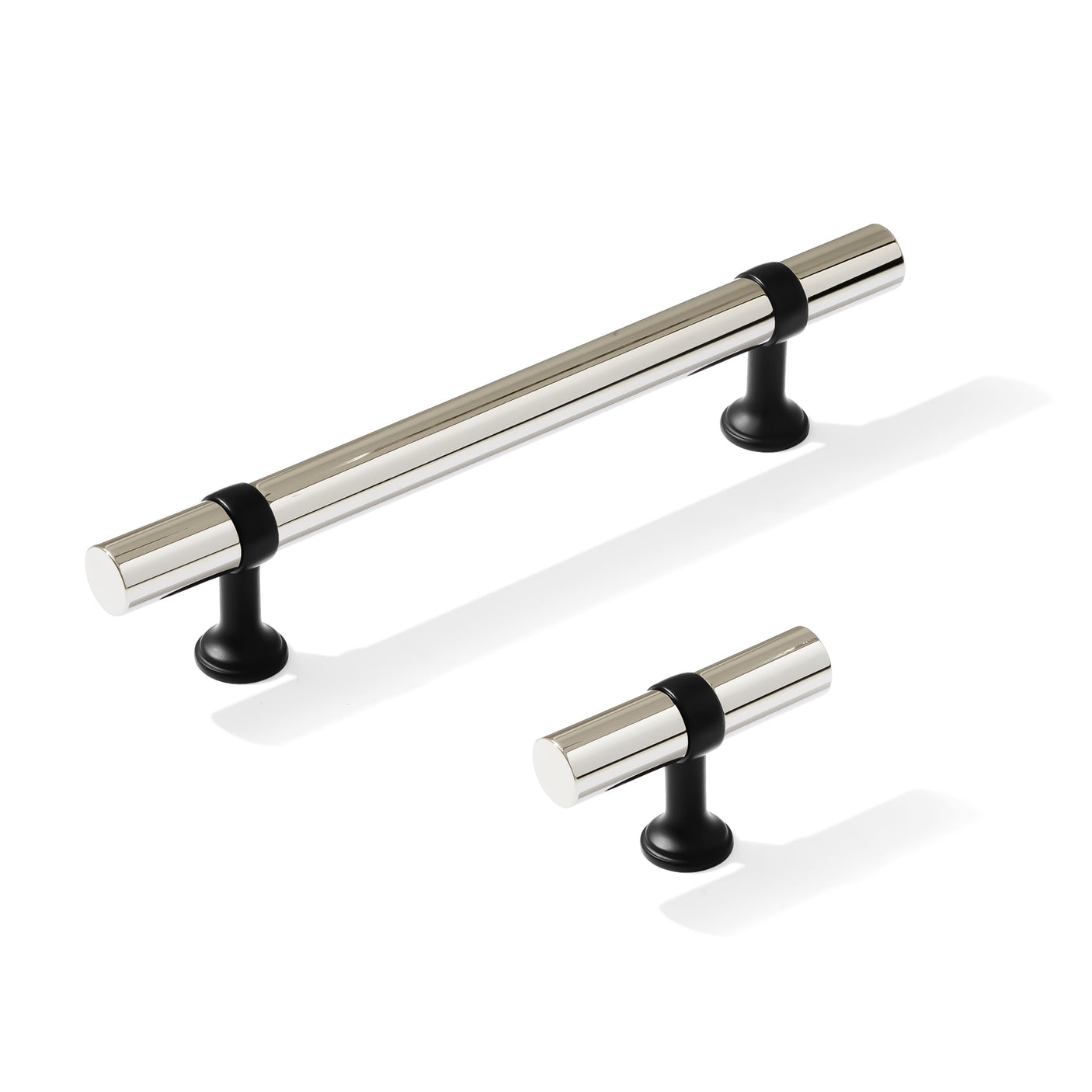 Smooth T-Bar "Contemporary" Matte Black and Polished Nickel Knobs and Pulls