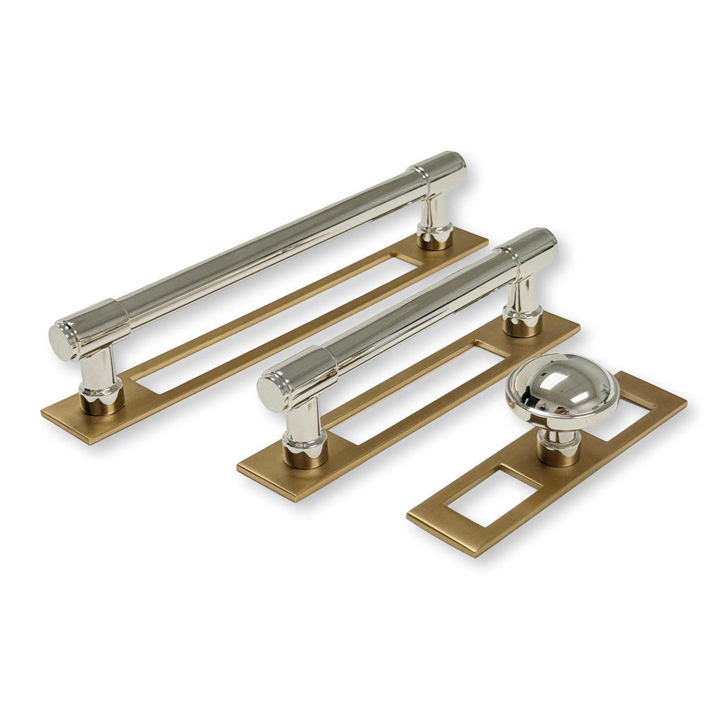 Champagne Bronze and Polished Nickel Industrial Modern Pulls and Knob with Backplate - Forge Hardware Studio