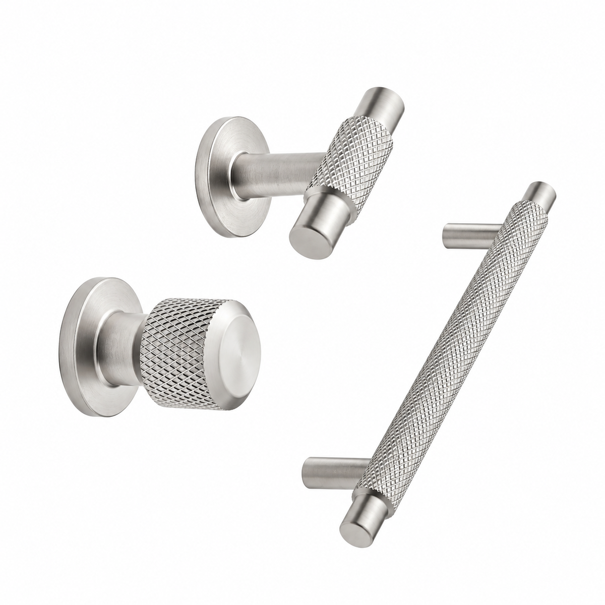 Brushed Stainless "Manor" Knurled Cabinet Knobs and Drawer Pulls