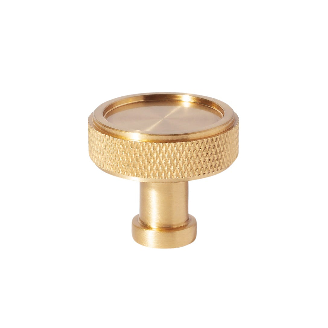 Satin Brass "ES Knurled" Round Knobs and Drawer Pulls