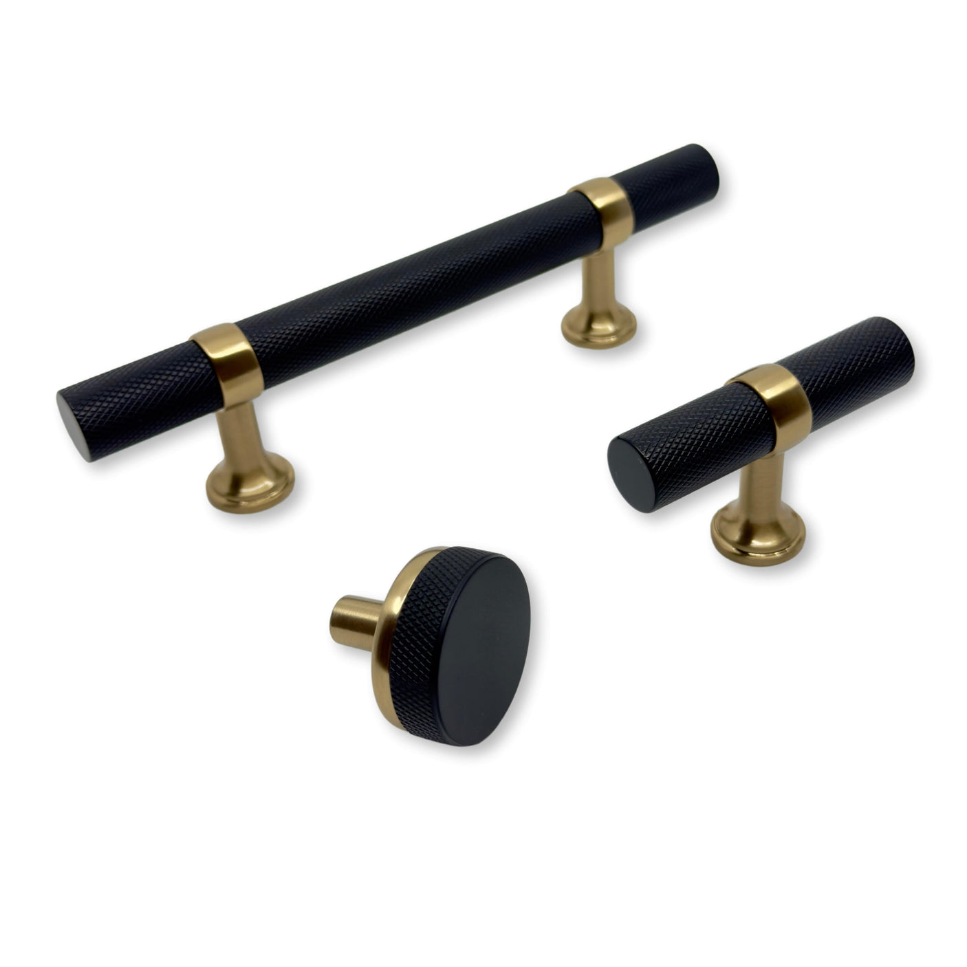 Knurled T-Bar "Transitional" Matte Black and Champagne Bronze Knobs and Pulls