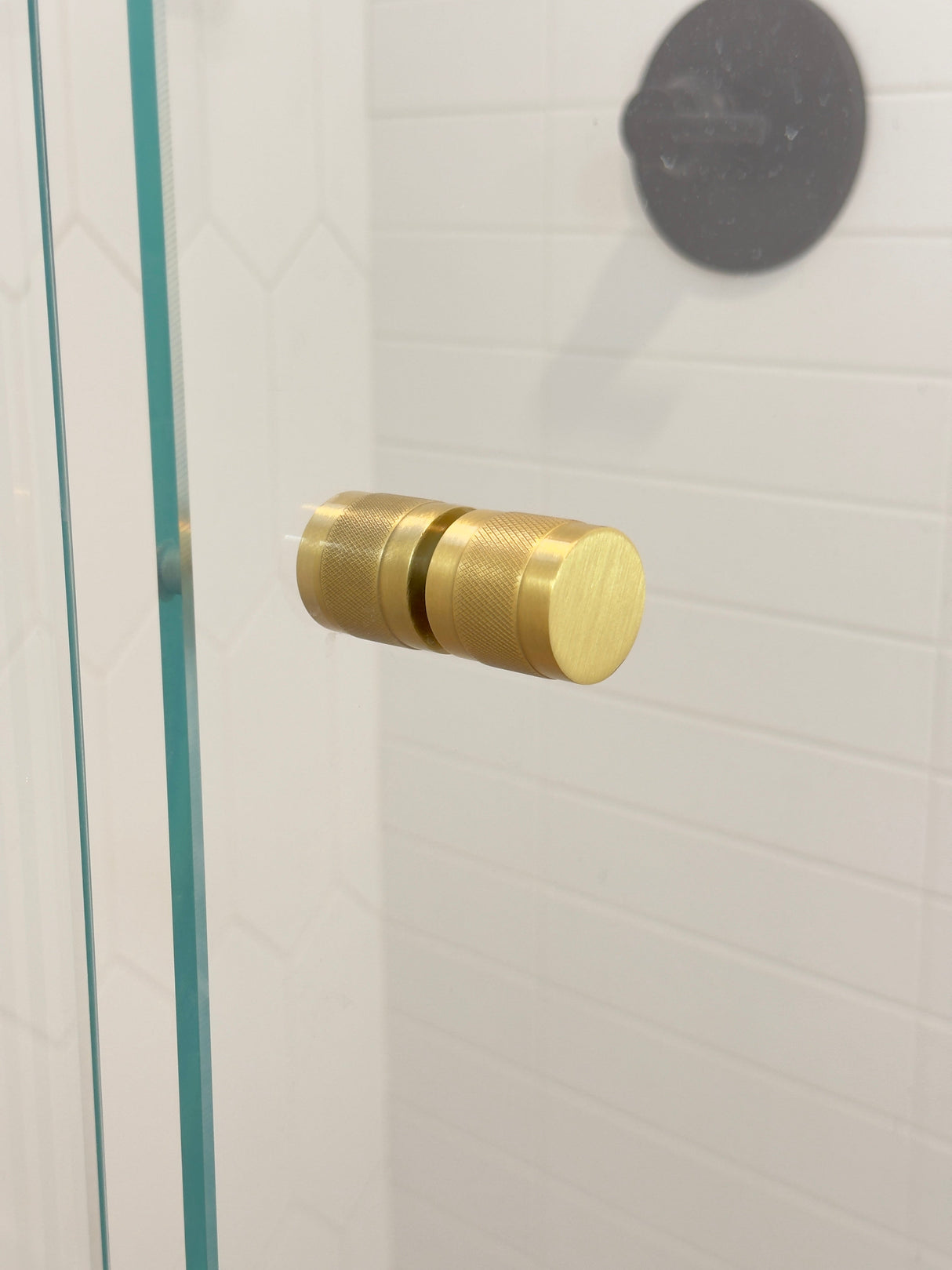 Cylinder Satin Brass "Knurled" Round Glass Shower Knob - Industry Hardware