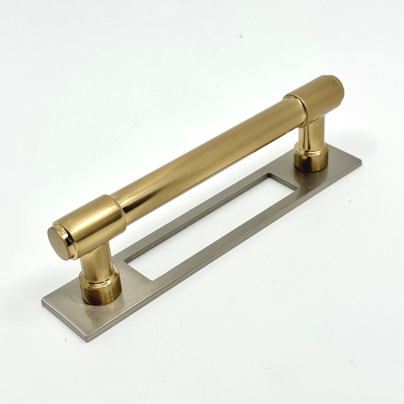Satin Nickel and Champagne Bronze Industrial Pulls and Knob with Backplate