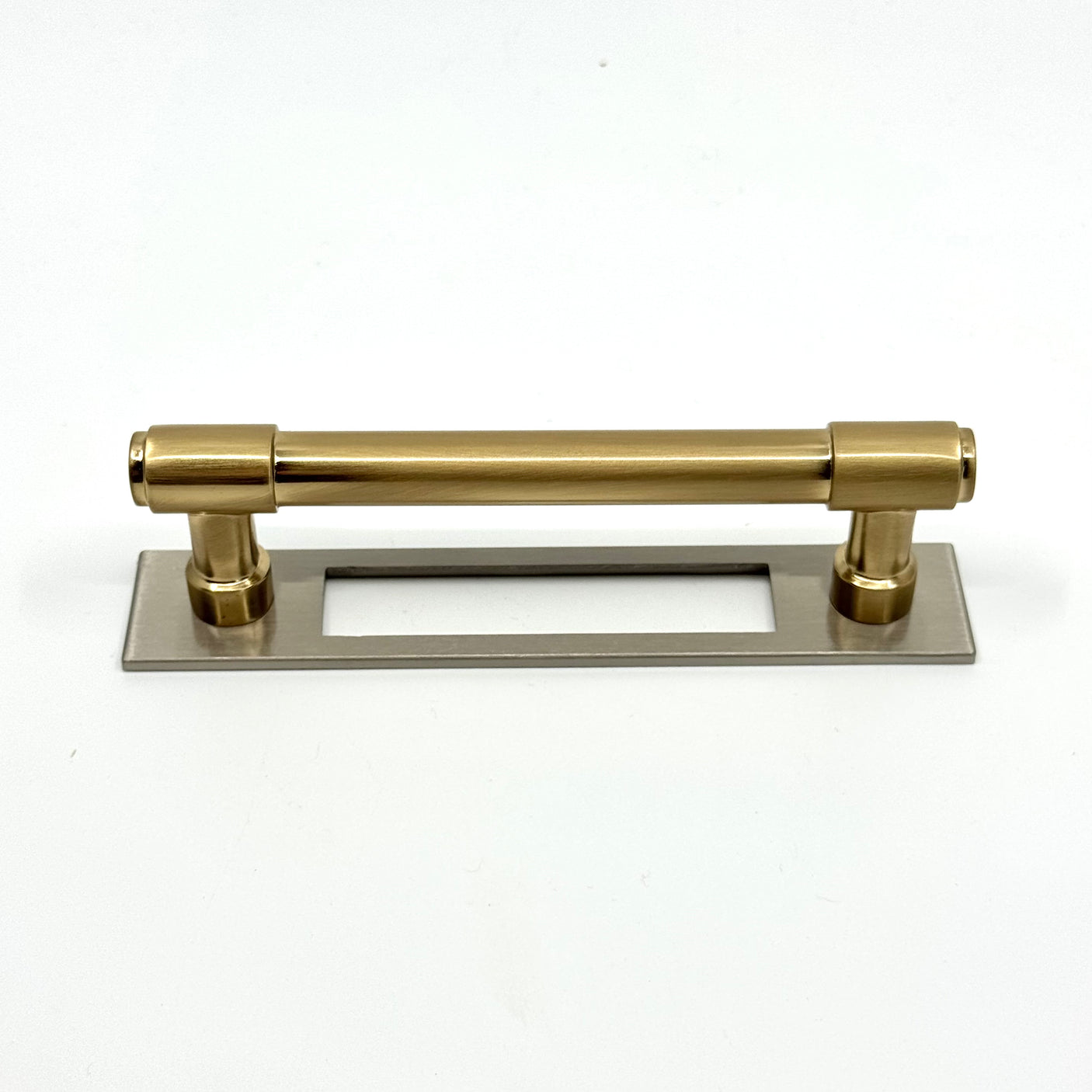 Satin Nickel and Champagne Bronze Industrial Pulls and Knob with Backplate