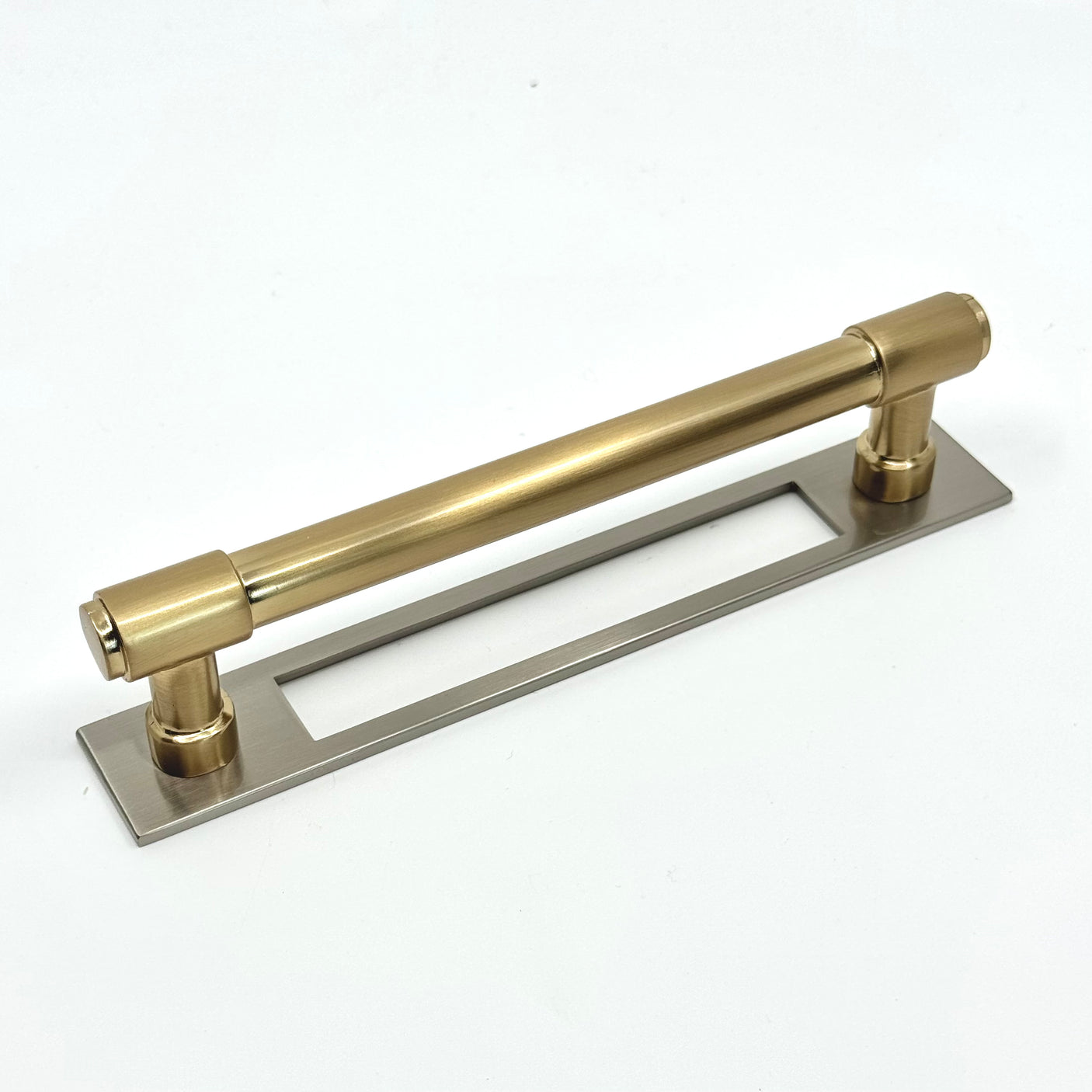 Satin Nickel and Champagne Bronze Industrial Pulls and Knob with Backplate