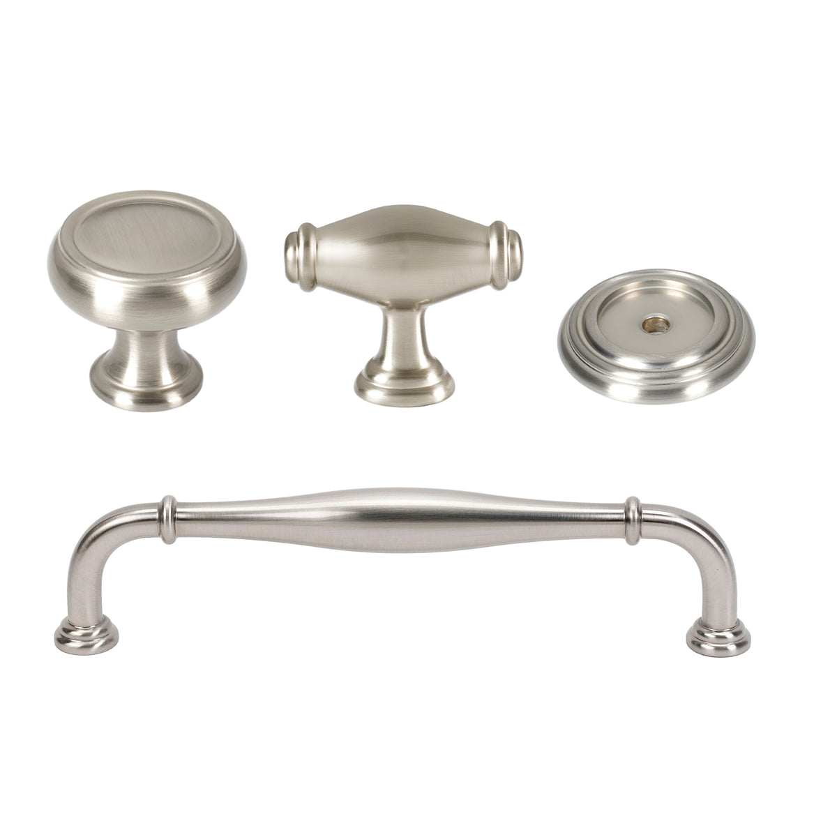 Transitional Satin Nickel "Perry" Cabinet Knobs and Drawer Pulls