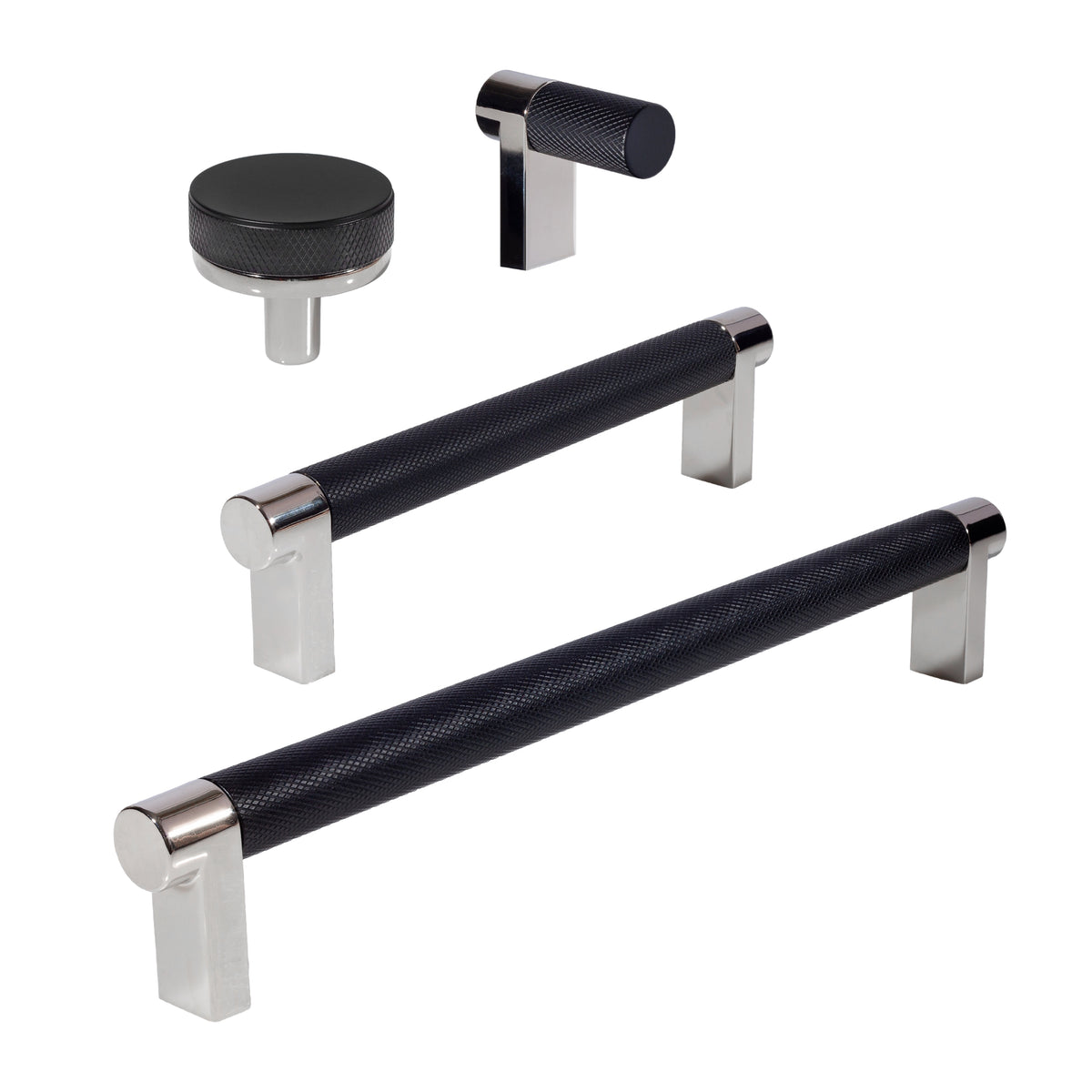Knurled Polished Nickel and Black Cabinet Knobs and Drawer Pulls