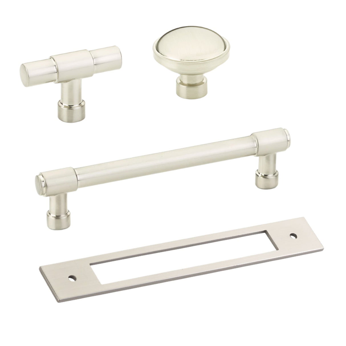 Satin Nickel Industrial Modern Pulls and Knob with Backplate - Forge Hardware Studio