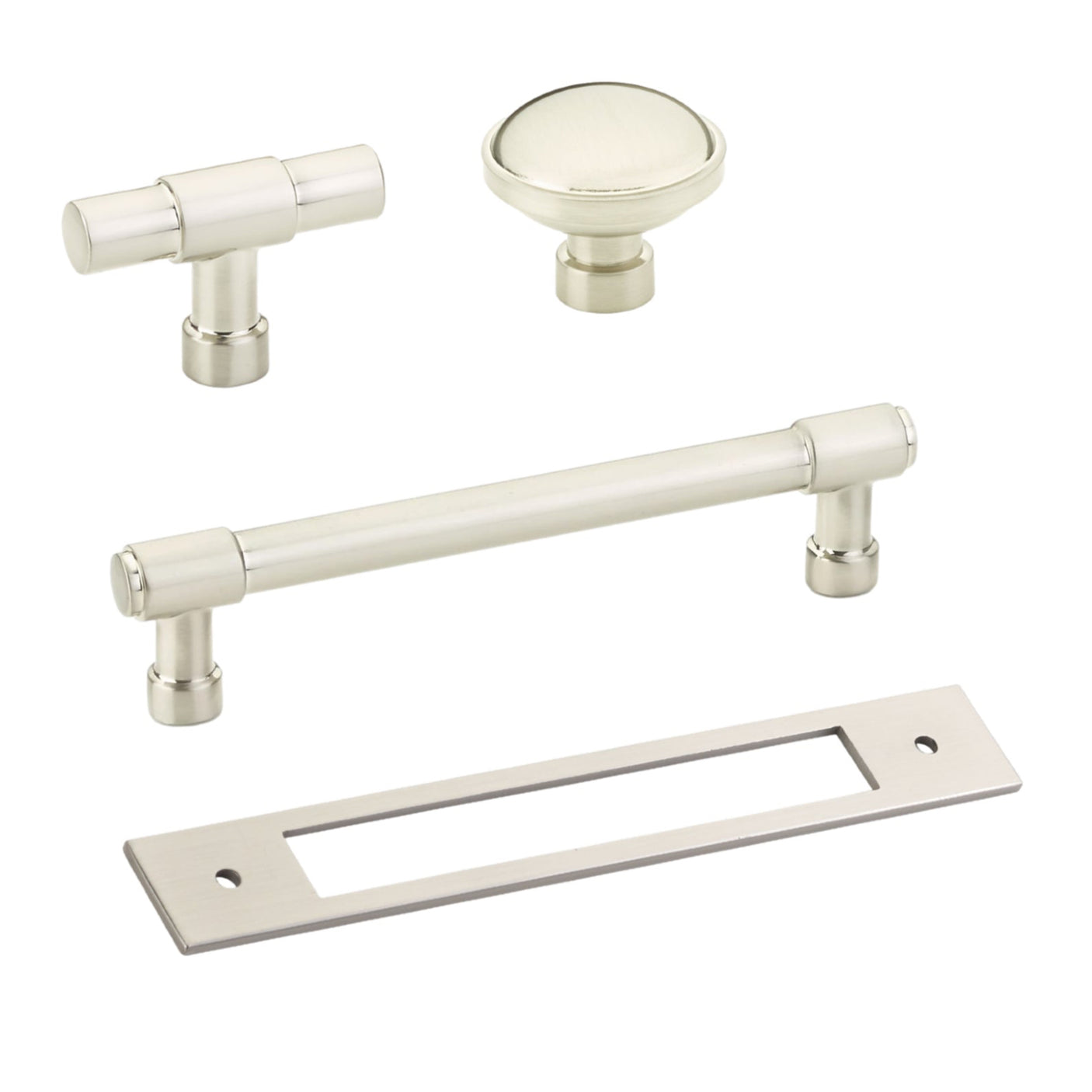 Satin Nickel Industrial Modern Pulls and Knob with Backplate