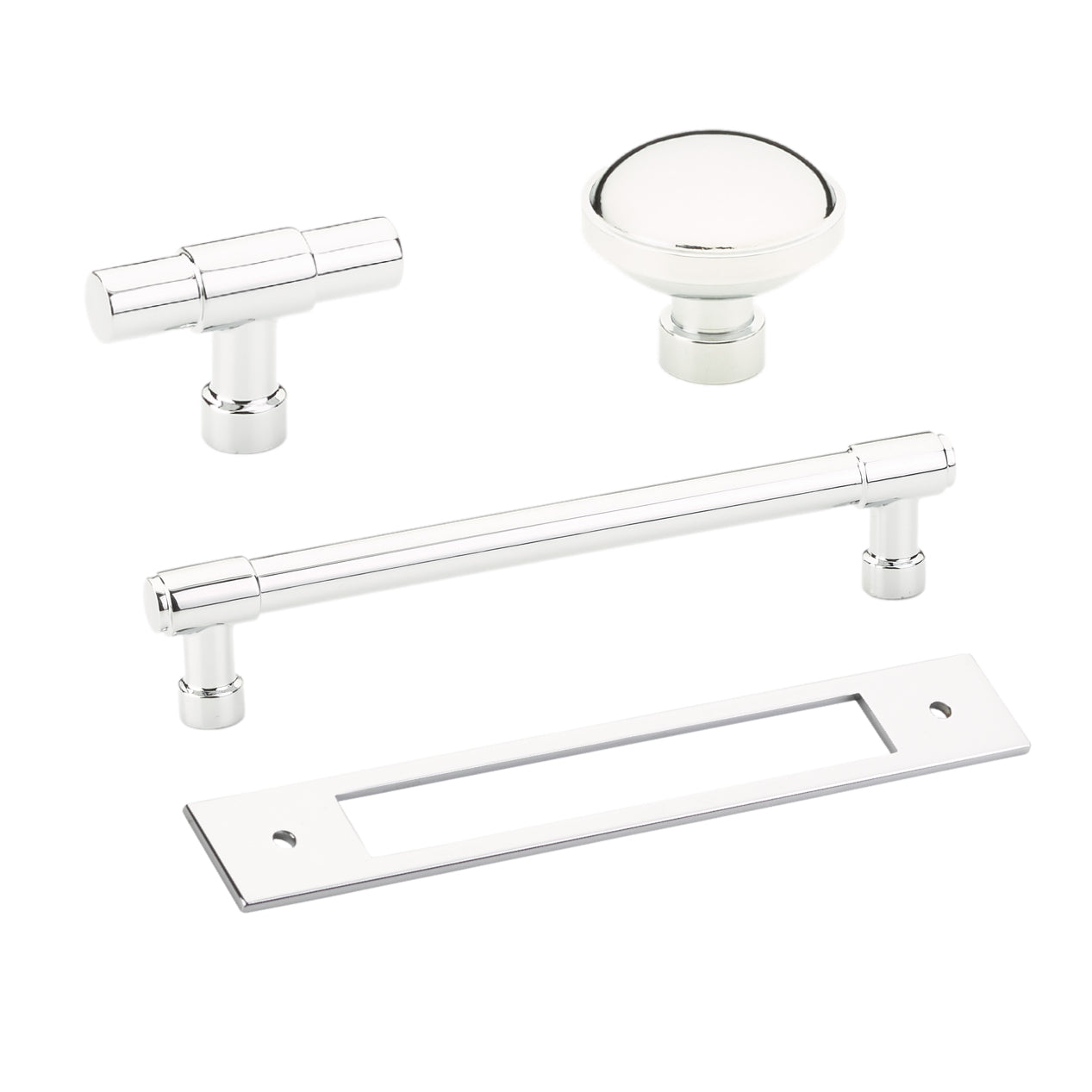 Polished Chrome Industrial Modern Pulls and Knob with Backplate