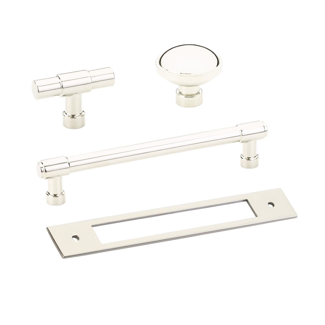 Polished Nickel Industrial Modern Pulls and Knob with Backplate