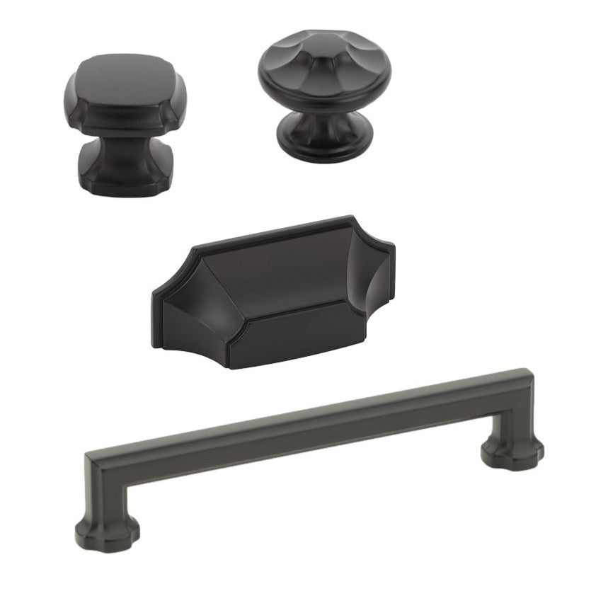Matte Black "Regal" Cabinet Knobs and Drawer Pulls - Forge Hardware Studio