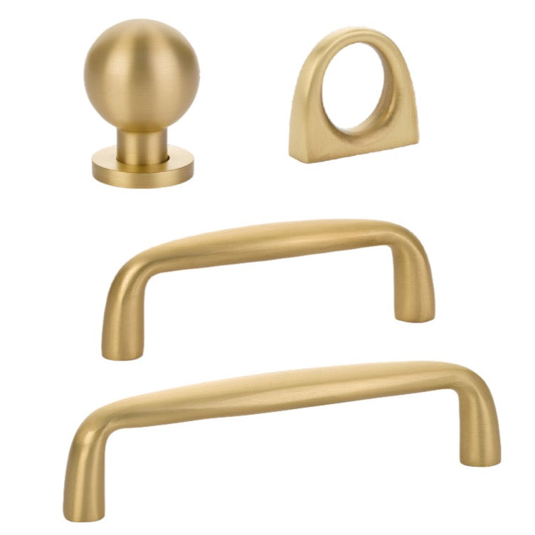 Omni Cabinet Knobs and Drawer Pulls in Satin Brass - Forge Hardware Studio
