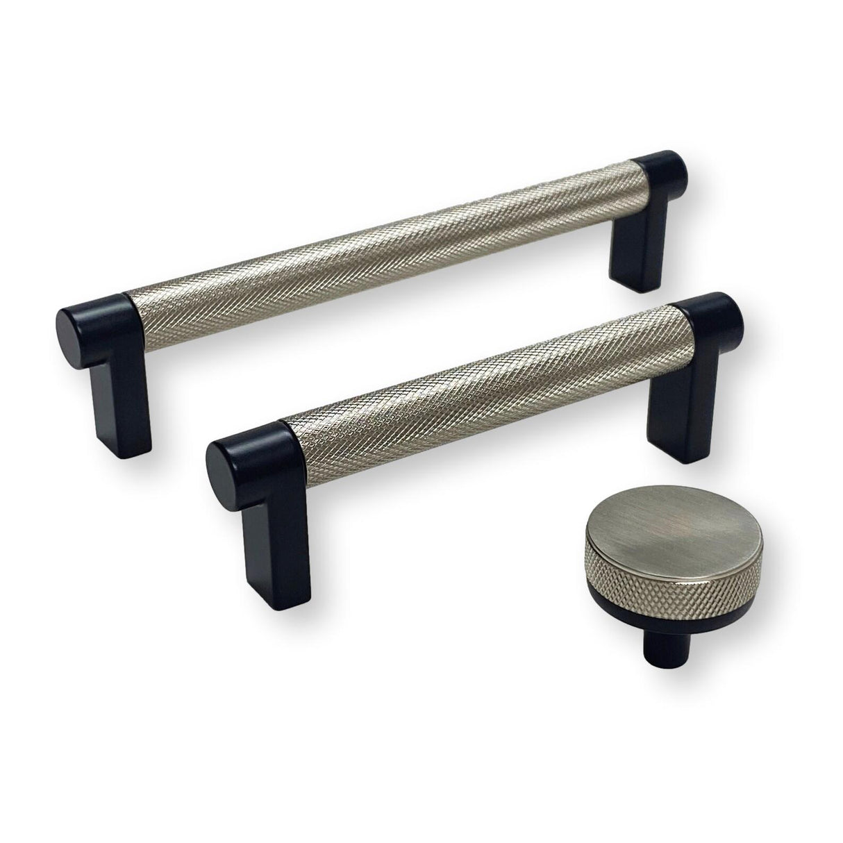 Knurled "Converse" Texture Satin Nickel and Black Knob and Pulls - Forge Hardware Studio