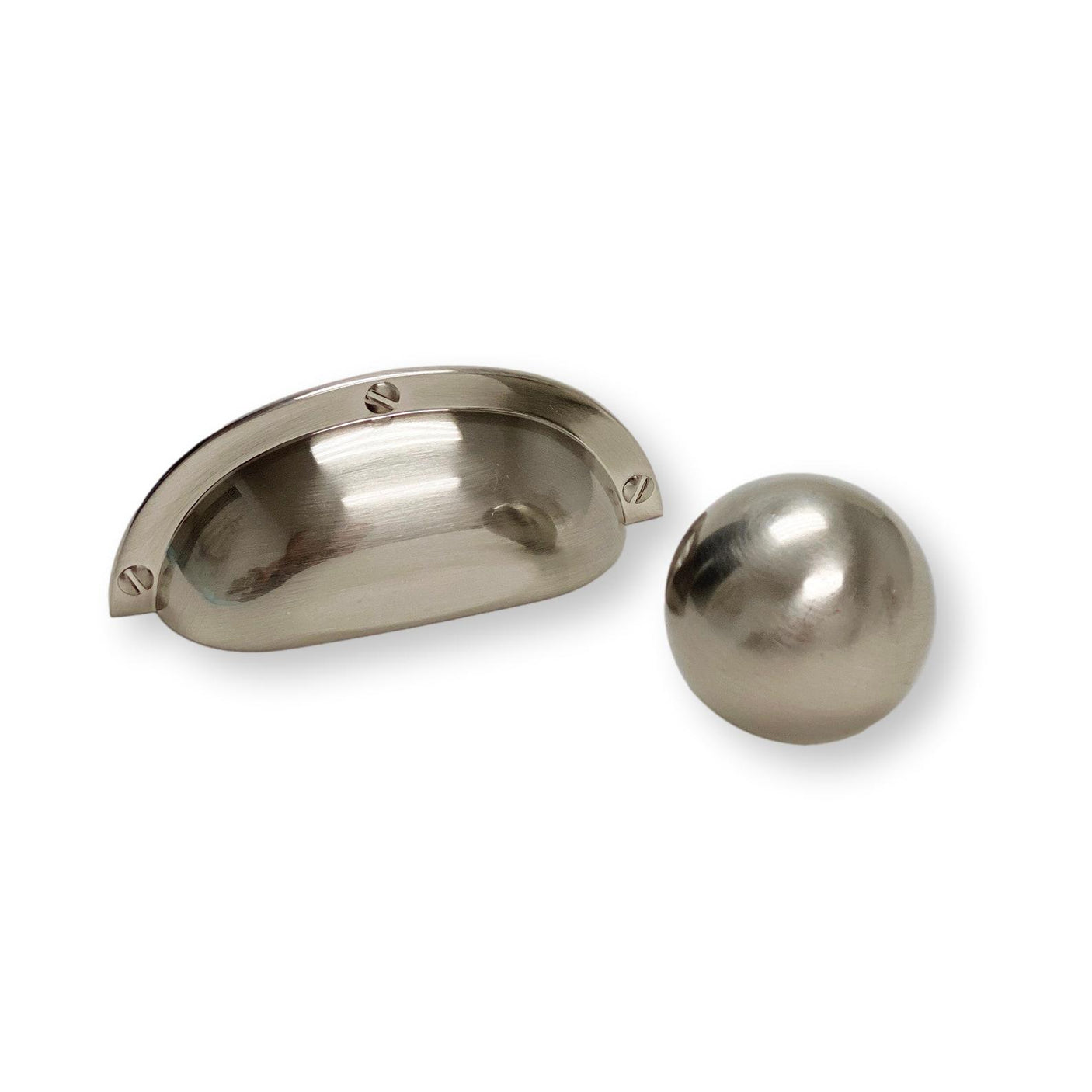 Brushed Nickel “Kira” Large Ball Knob and Cup Pull