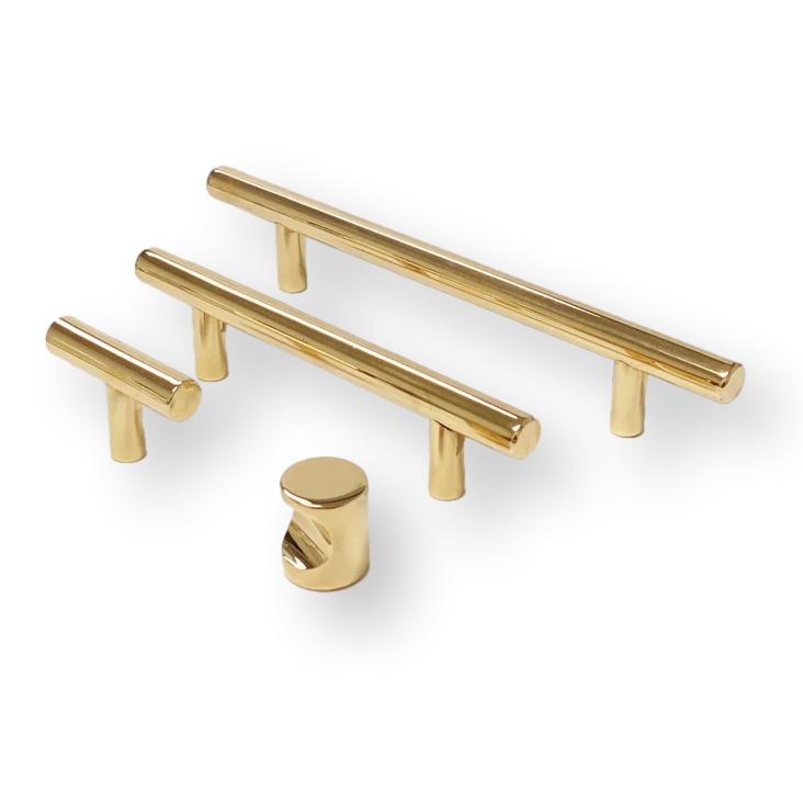 T-Bar "European" Unlacquered Polished Brass Cabinet Knobs and Pulls