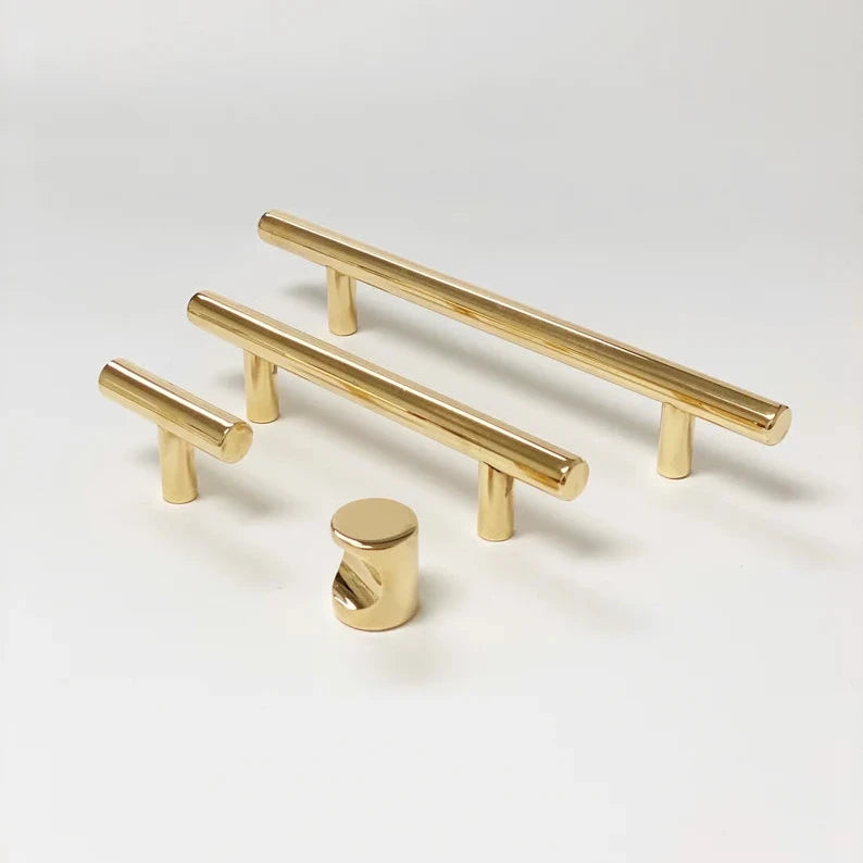 T-Bar "European" Unlacquered Polished Brass Cabinet Knobs and Pulls