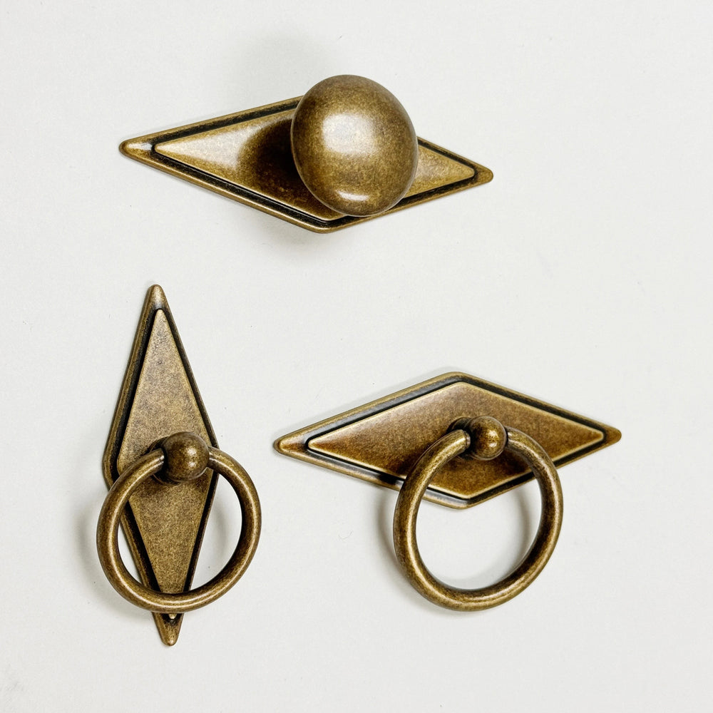 Rhombus "Ella" Antique Bronze Ring Drawer Pulls with Backplate - Forge Hardware Studio