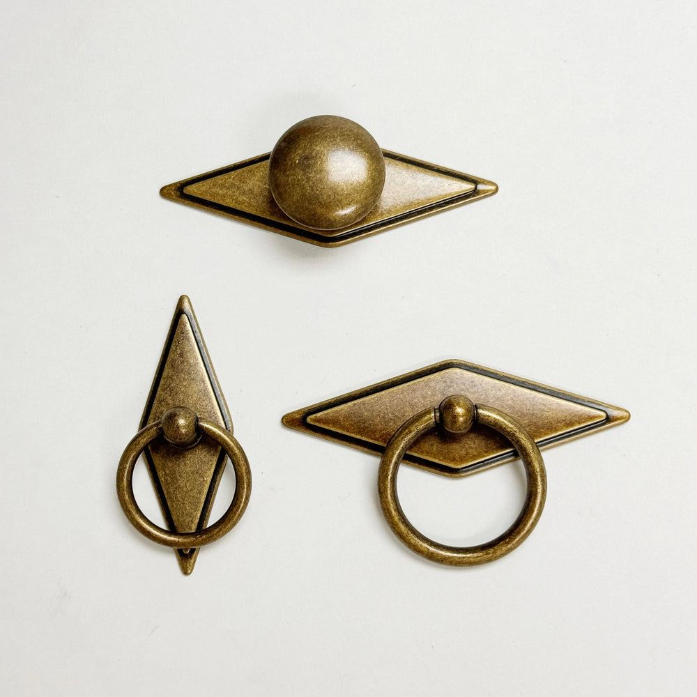 Rhombus "Ella" Antique Bronze Ring Drawer Pulls with Backplate - Forge Hardware Studio