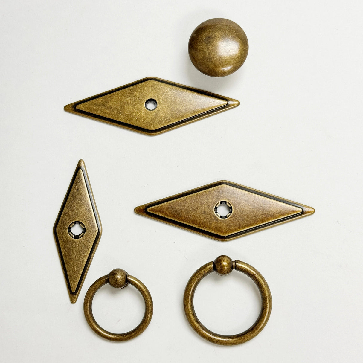 Rhombus "Ella" Antique Bronze Ring Drawer Pulls with Backplate - Forge Hardware Studio