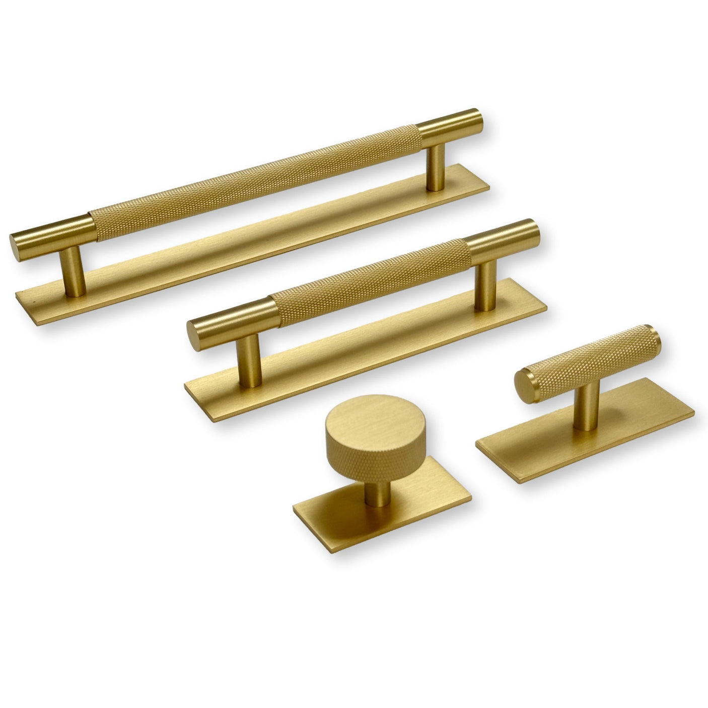 Brass Knurled "Texture Backplate" Drawer Pulls and Knobs in Satin Brass - Forge Hardware Studio
