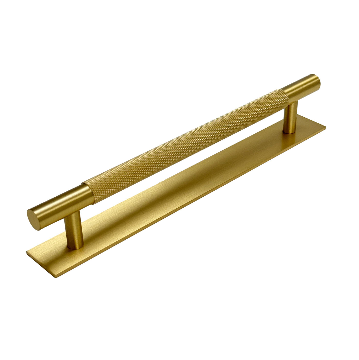 Brass Knurled "Texture Backplate" Drawer Pulls and Knobs in Satin Brass - Forge Hardware Studio