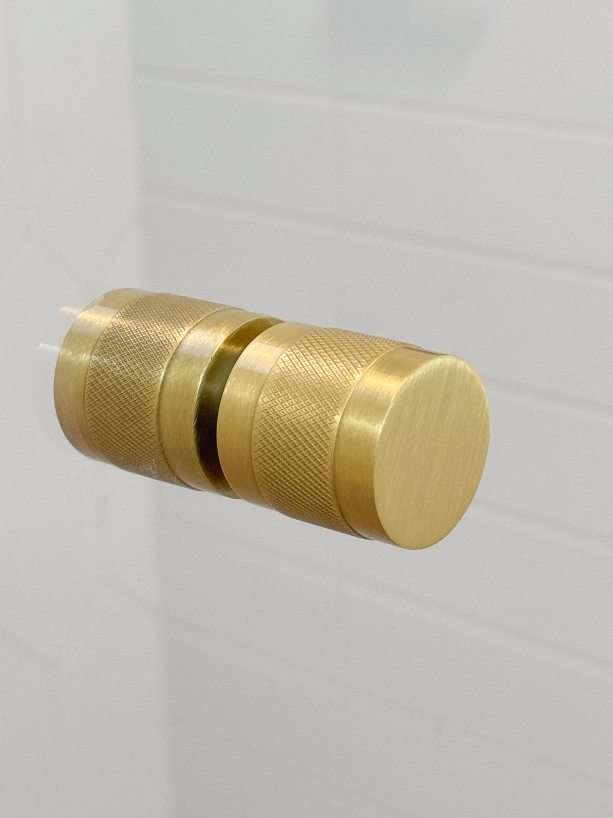 Cylinder Satin Brass "Knurled" Round Glass Shower Knob - Industry Hardware
