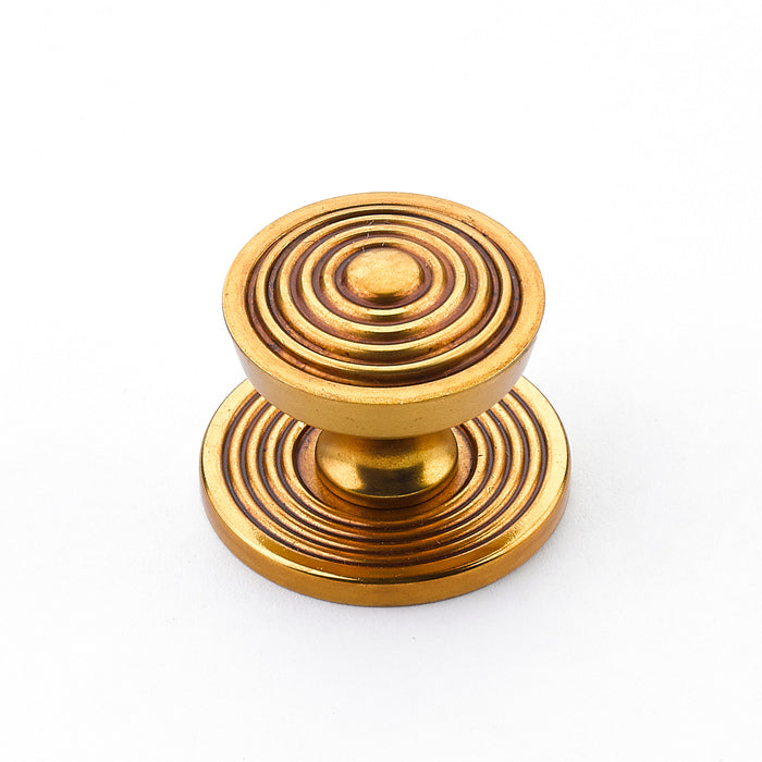 Reeded Antique Bronze Beehive 1-1/8" Round Knob w/ Backplate - Brass Cabinet Hardware