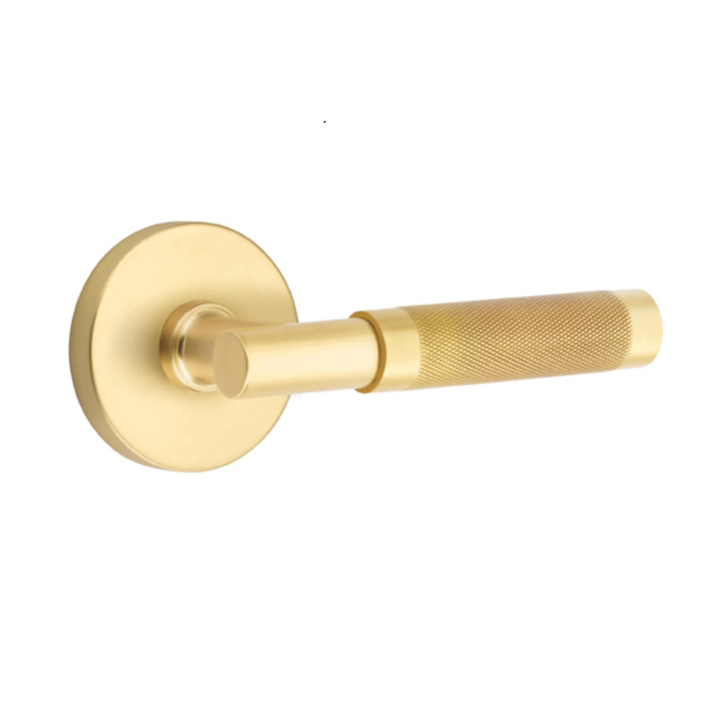 T-Bar Knurled SELECT Satin Brass Door Lever w/Disk Rosette - Brass Cabinet Hardware 