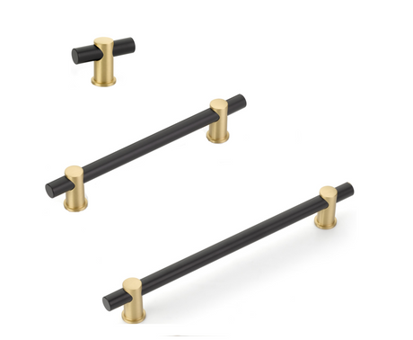 Satin Brass and Matte Black Round T-Bar "Fonce" Cabinet Knobs and Drawer Pulls - Brass Cabinet Hardware