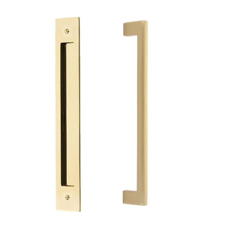 Door Flush Pull and 12" Handle Back to BackHardware for Interior Sliding and Barn Doors - Brass Cabinet Hardware