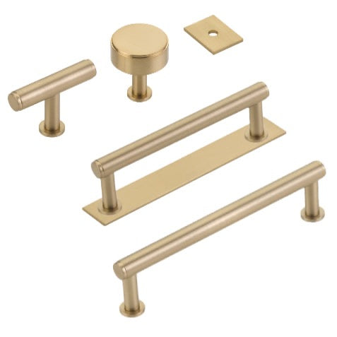 Satin Brass "Maison No. 2" Smooth Drawer Pulls and Cabinet Knobs with Optional Backplate - Forge Hardware Studio