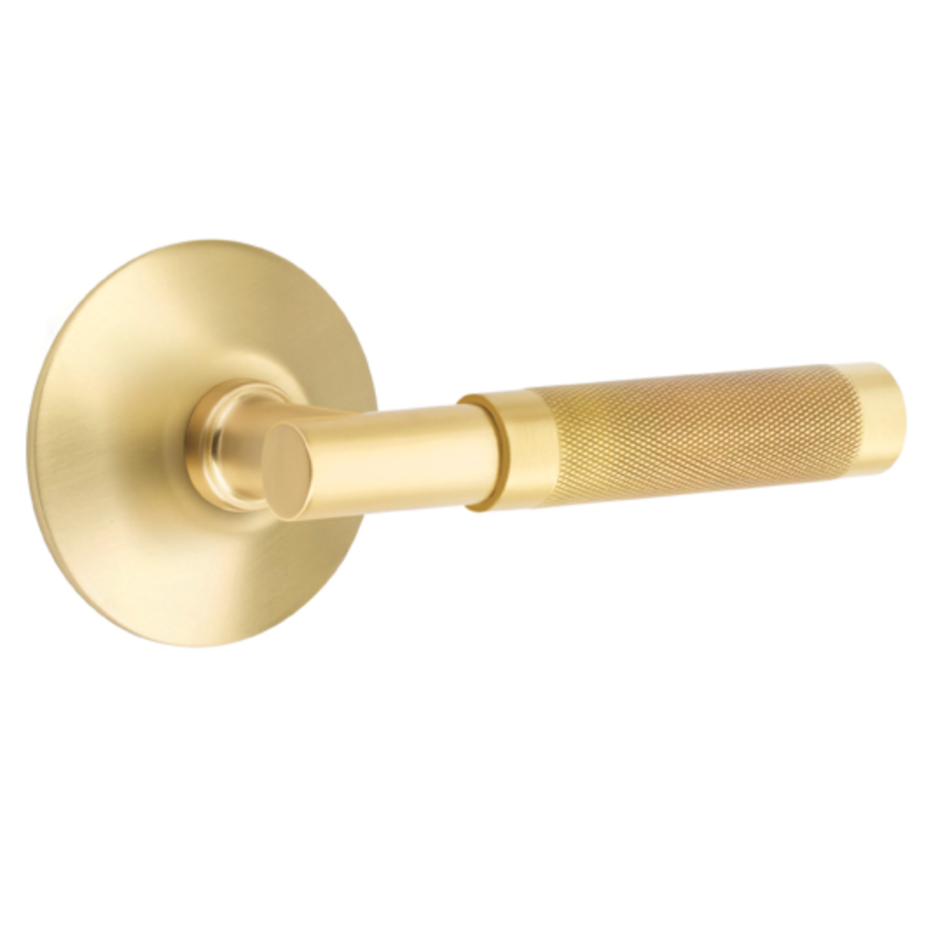 T-Bar Knurled SELECT Satin Brass Door Lever w/Modern Rosette - Brass Cabinet Hardware
