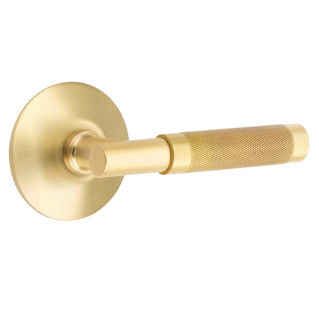 T-Bar Knurled SELECT Satin Brass Door Lever w/Modern Rosette - Brass Cabinet Hardware